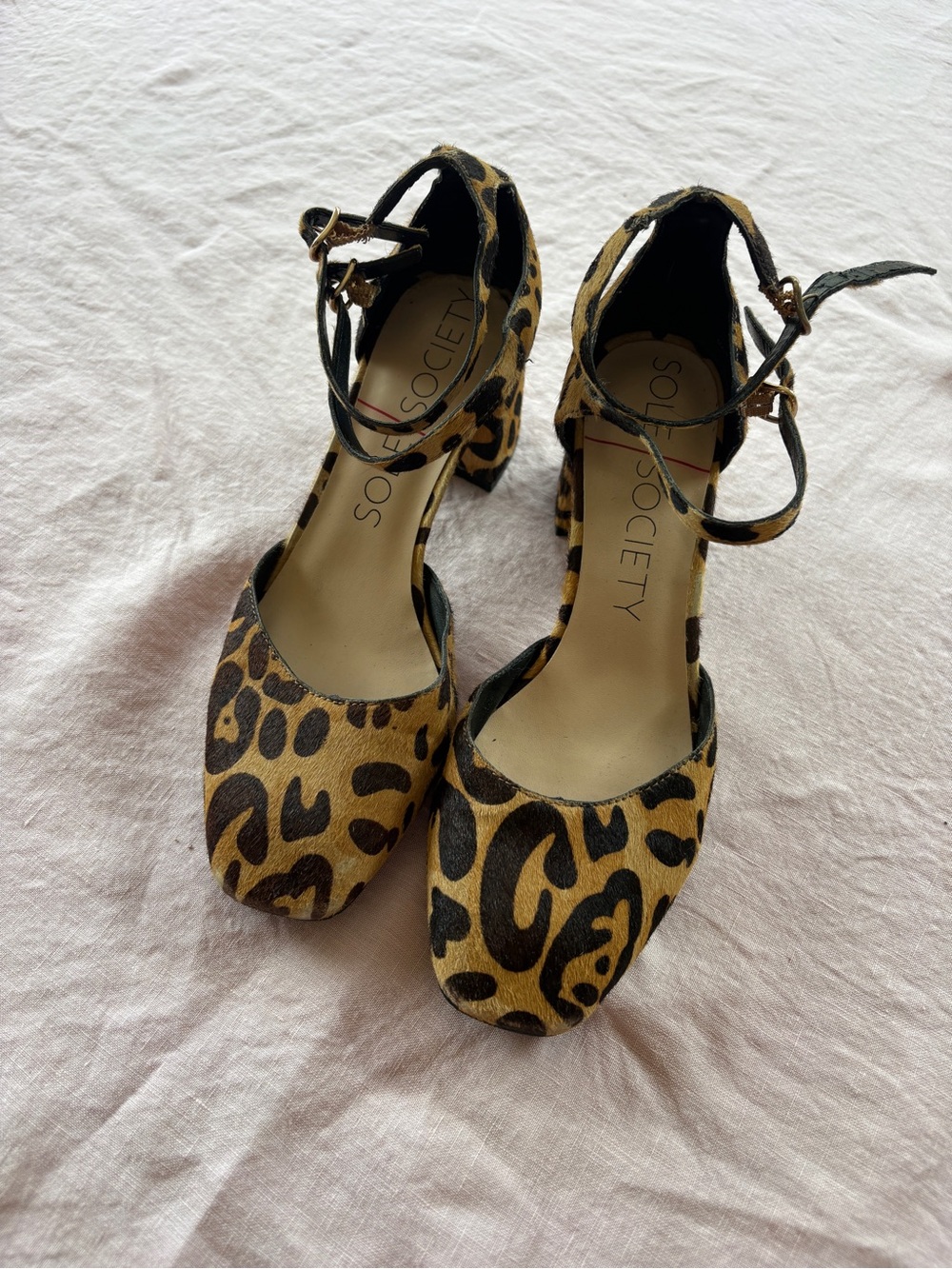 Sole Society Leopard Print Ankle-Strap Heels in Tan and Black
